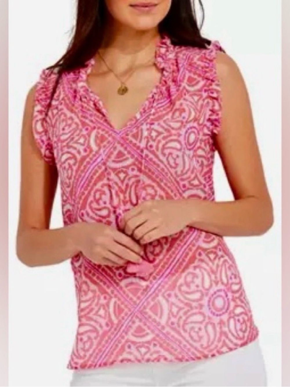 Vineyard Vines Scarf Print Ruffle Popover Top beach vaca pink tassle size XS
